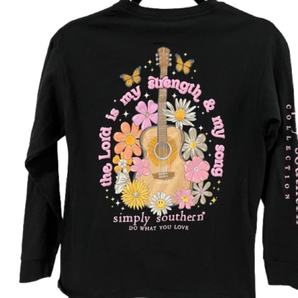Simply Southern Youth Black Floral Guitar Long Sleeve Graphic Tee Sz Youth M